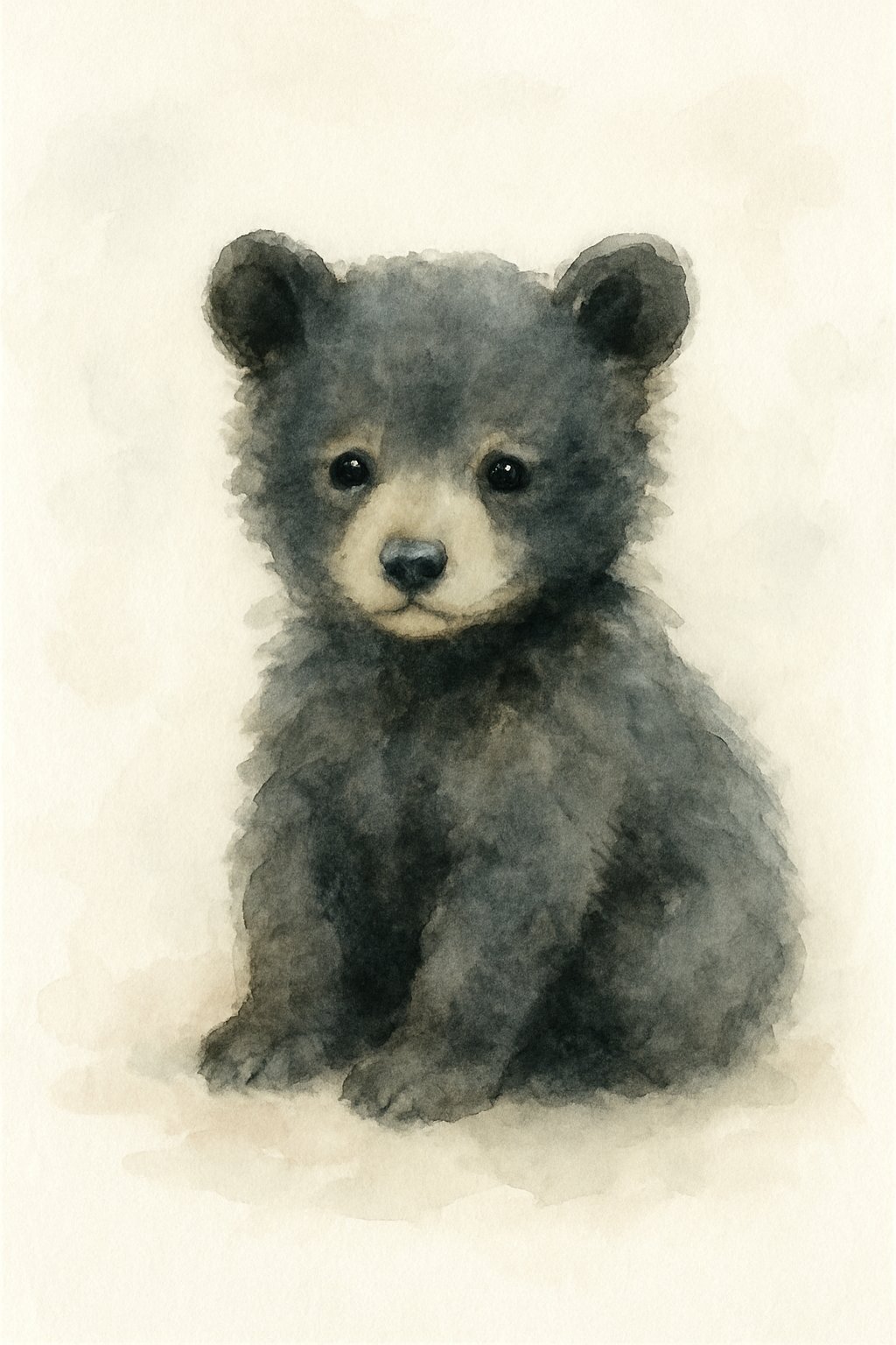 A single black bear cub sitting calmly against a light background.