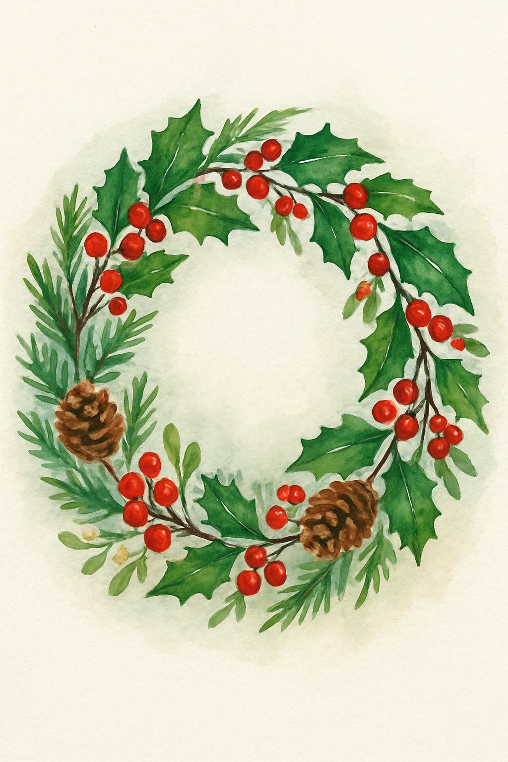 A vibrant Christmas wreath made of evergreen branches, holly leaves with red berries, pinecones, and mistletoe arranged in a circle on a light background.