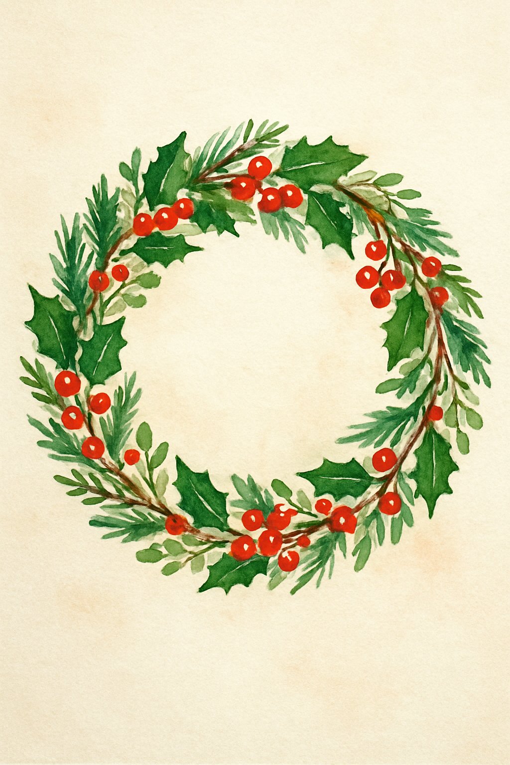 A colorful Christmas wreath made of pine branches, holly leaves with red berries, and mistletoe on a light background.