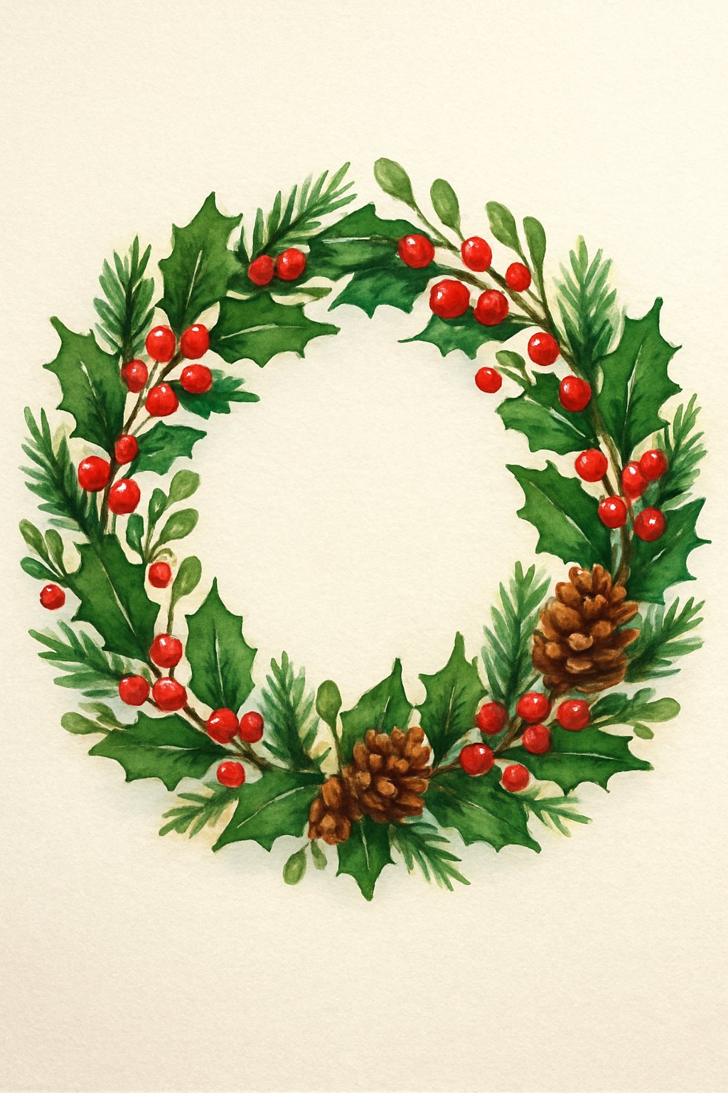A colorful Christmas wreath made of evergreen branches, holly leaves with red berries, pinecones, and mistletoe arranged in a circle on a white background.