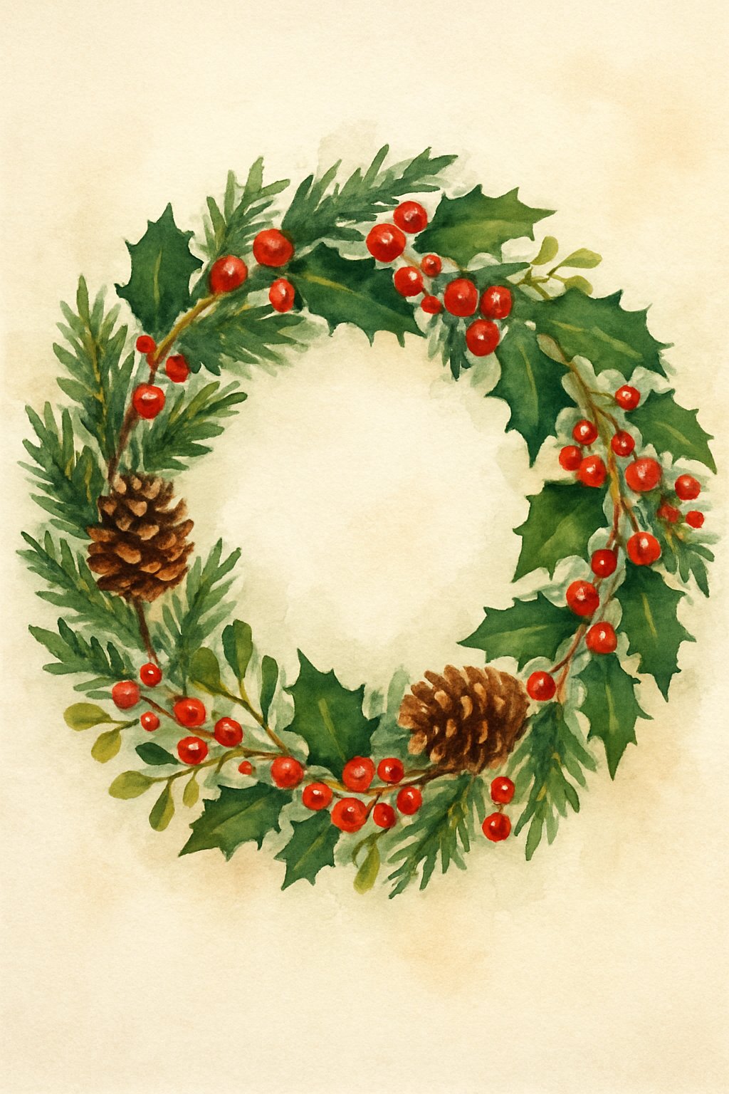 A Christmas wreath made of evergreen branches, holly leaves, red berries, and pine cones arranged in a circle on a light background.