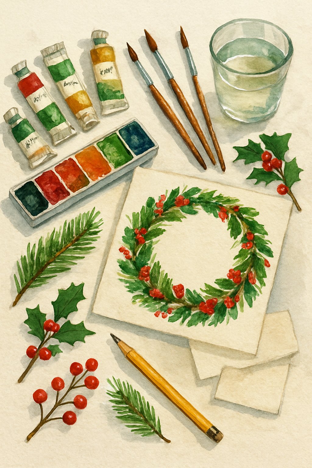 A collection of watercolor paints, brushes, pine branches, holly, and a partially painted Christmas wreath arranged on paper.