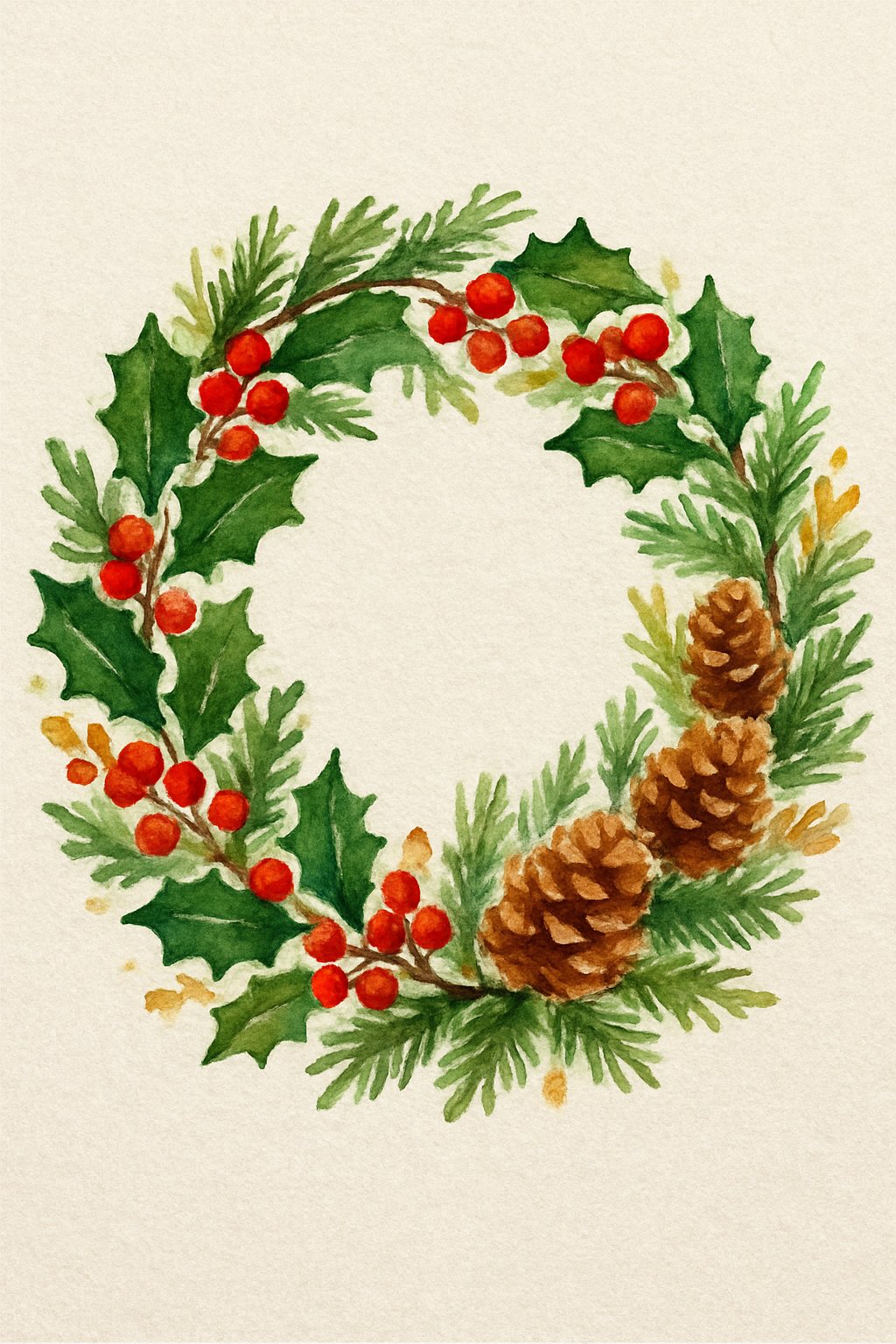 A colorful Christmas wreath made of pine branches, holly leaves with red berries, and pinecones arranged in a circle.