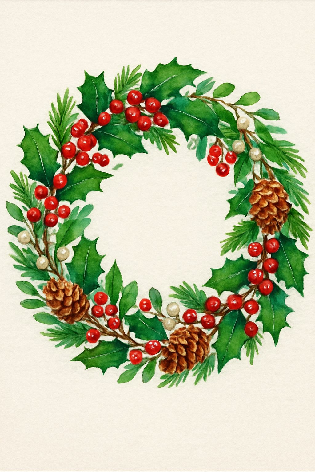 A circular Christmas wreath made of pine branches, holly leaves with red berries, pine cones, and mistletoe on a white background.