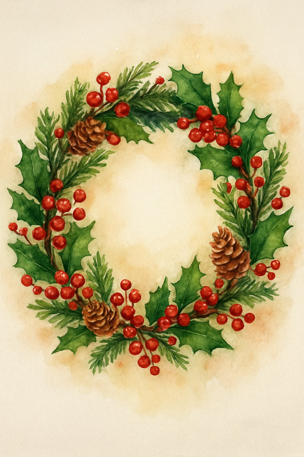 A colorful Christmas wreath made of pine branches, holly leaves, red berries, and pinecones arranged in a circle on a light background.