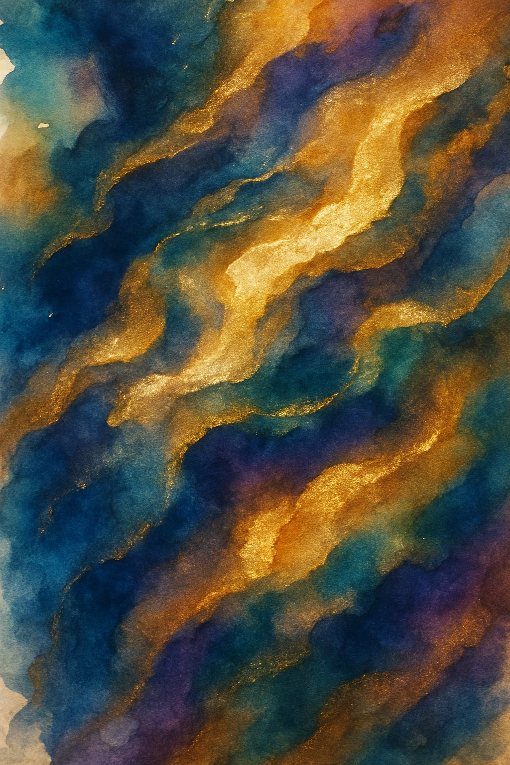 An abstract scene of flowing metallic colors in gold, silver, and bronze blending with deep blues and greens, creating a shimmering, luminous effect.