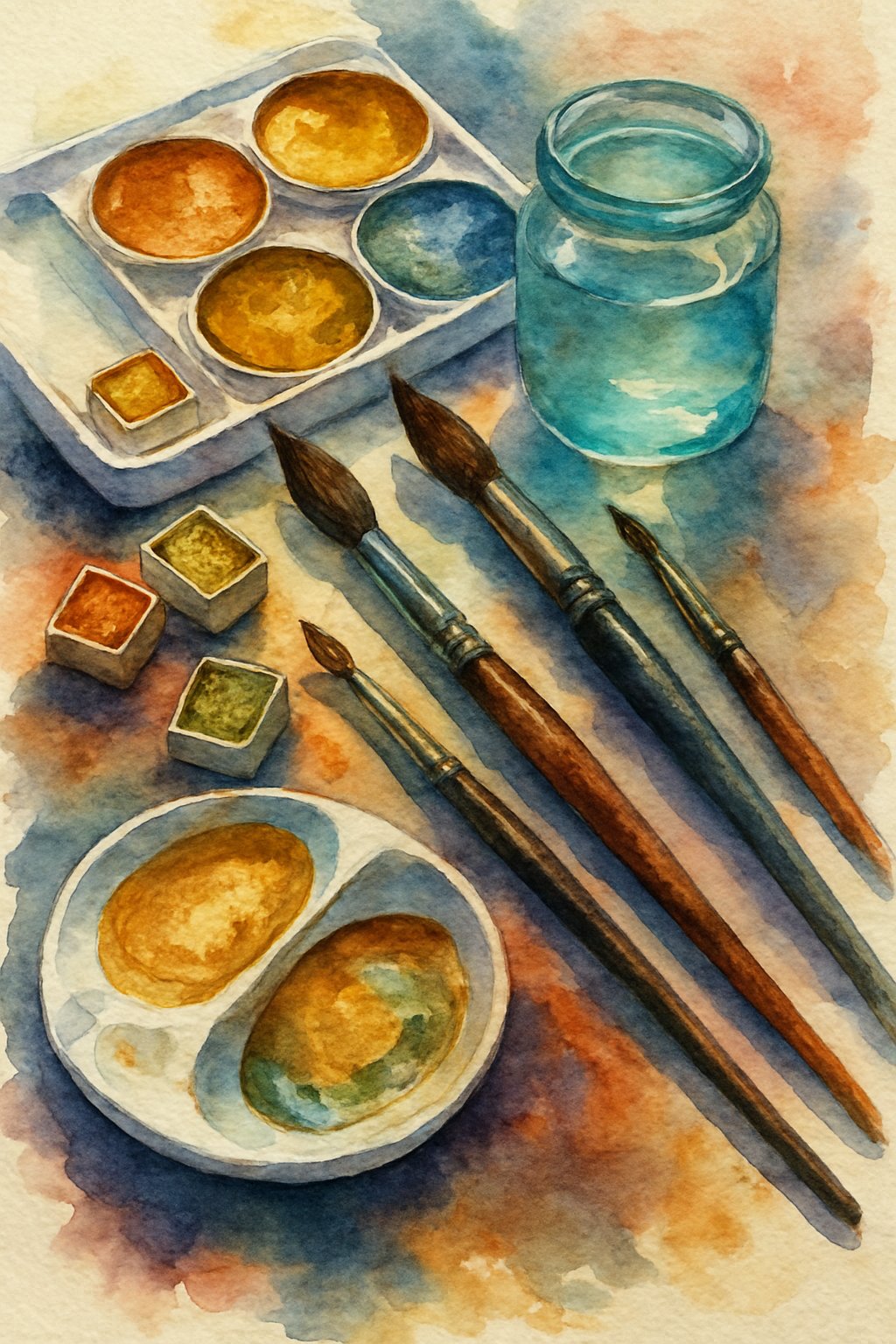An arrangement of watercolor painting tools including metallic paints, brushes, palettes, and a water jar on textured paper.