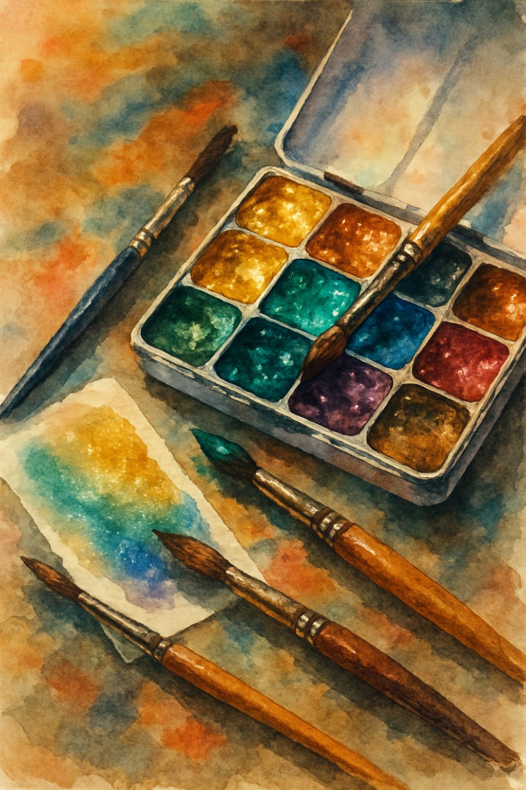 An artist's workspace with a palette of metallic watercolor paints and brushes resting on a textured surface.