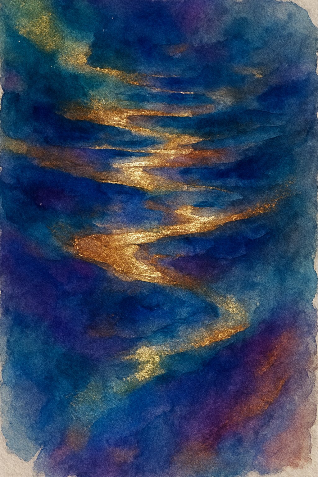 An abstract scene with flowing shapes in shimmering gold, silver, and copper tones blended with rich blues and greens, creating a luminous and dynamic composition.