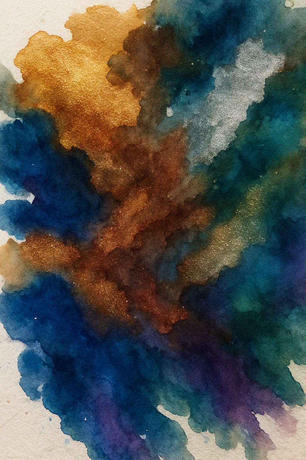 A colorful abstract painting with shimmering metallic colors blending smoothly over a textured paper background.