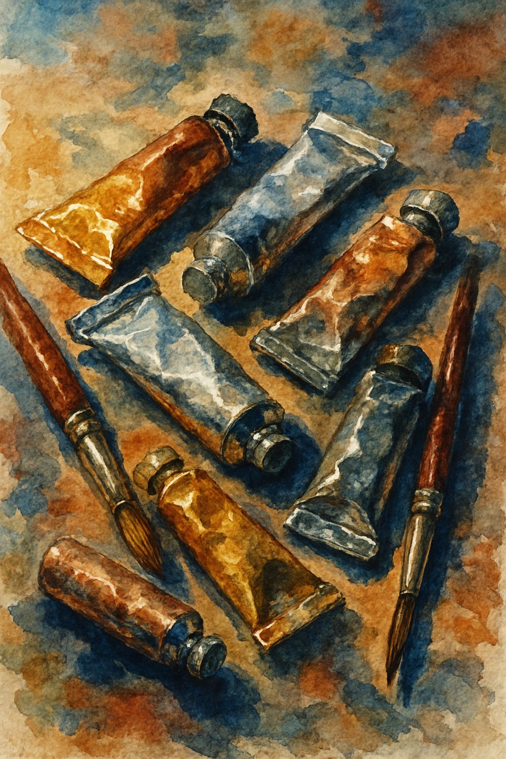 A colorful arrangement of metallic watercolor paints and brushes resting on textured paper.