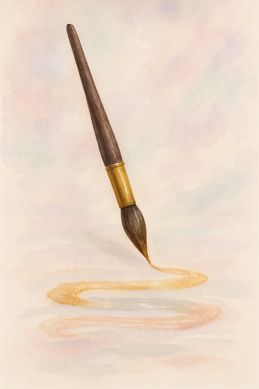 A single calligraphy brush with metallic paint on its bristles above a soft pastel background.