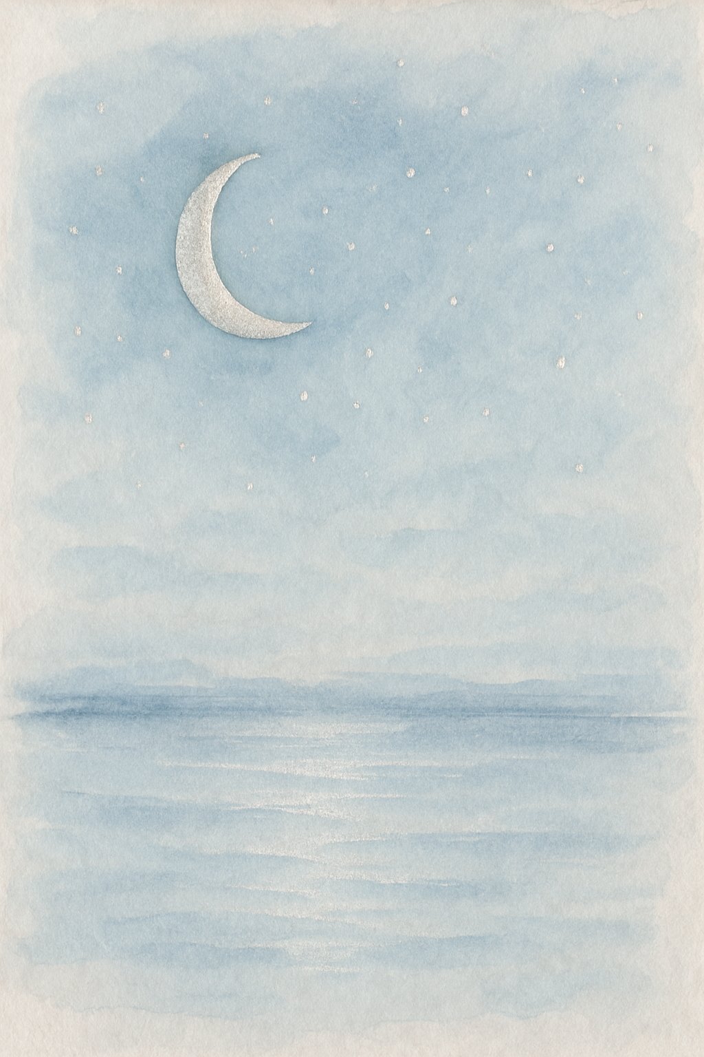 A calm night sky with soft blue and silver tones over a simple landscape.