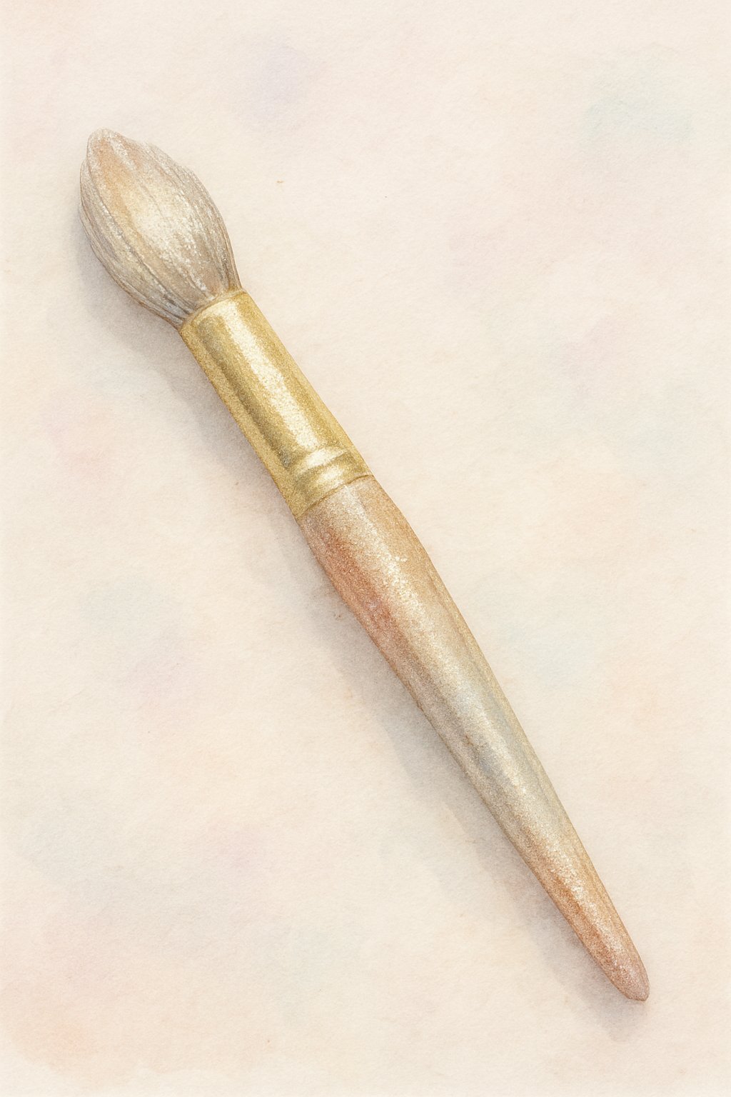 A single paintbrush with metallic watercolor paint resting on a soft pastel background.