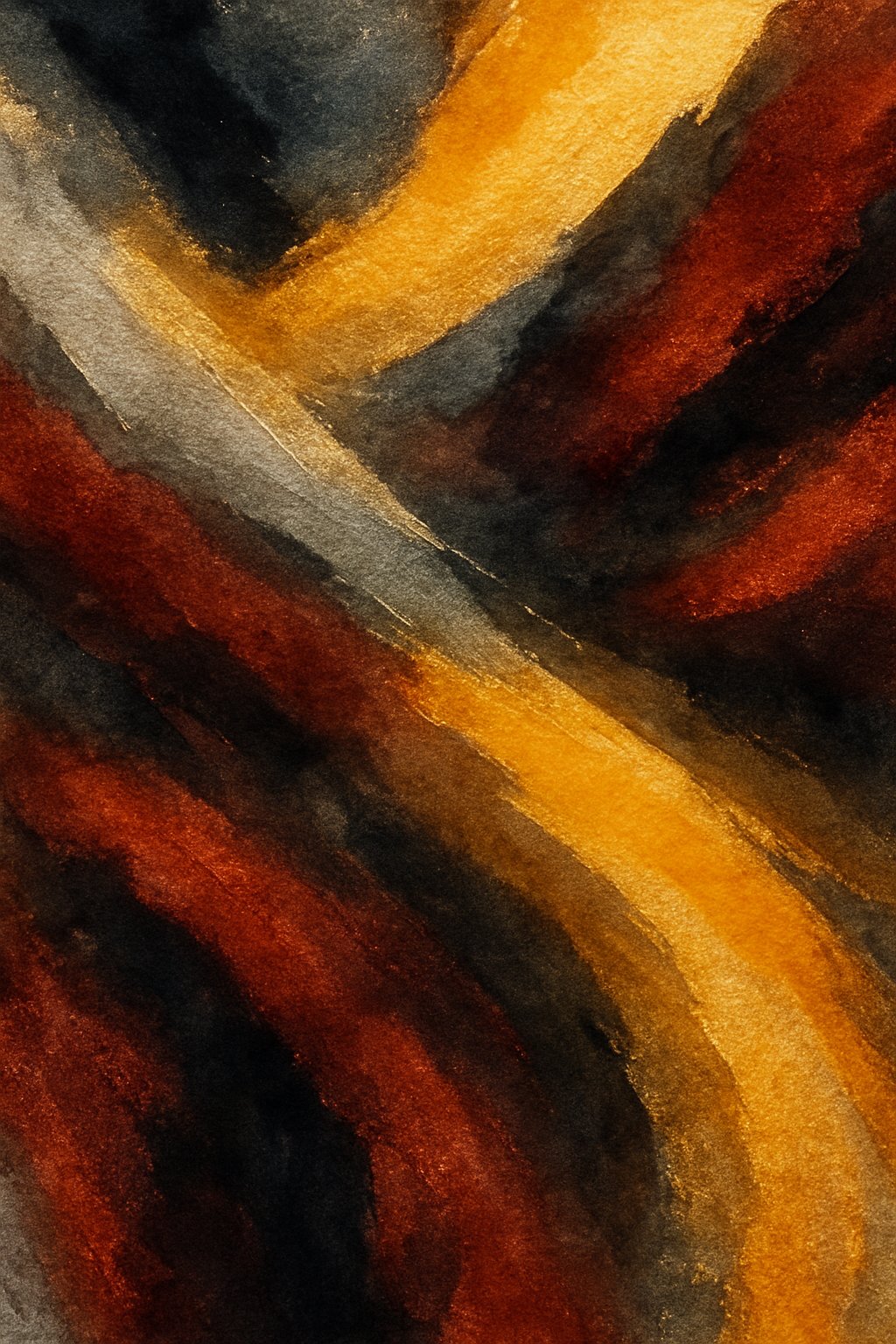A colorful abstract painting with shimmering metallic tones and flowing shapes on textured paper.