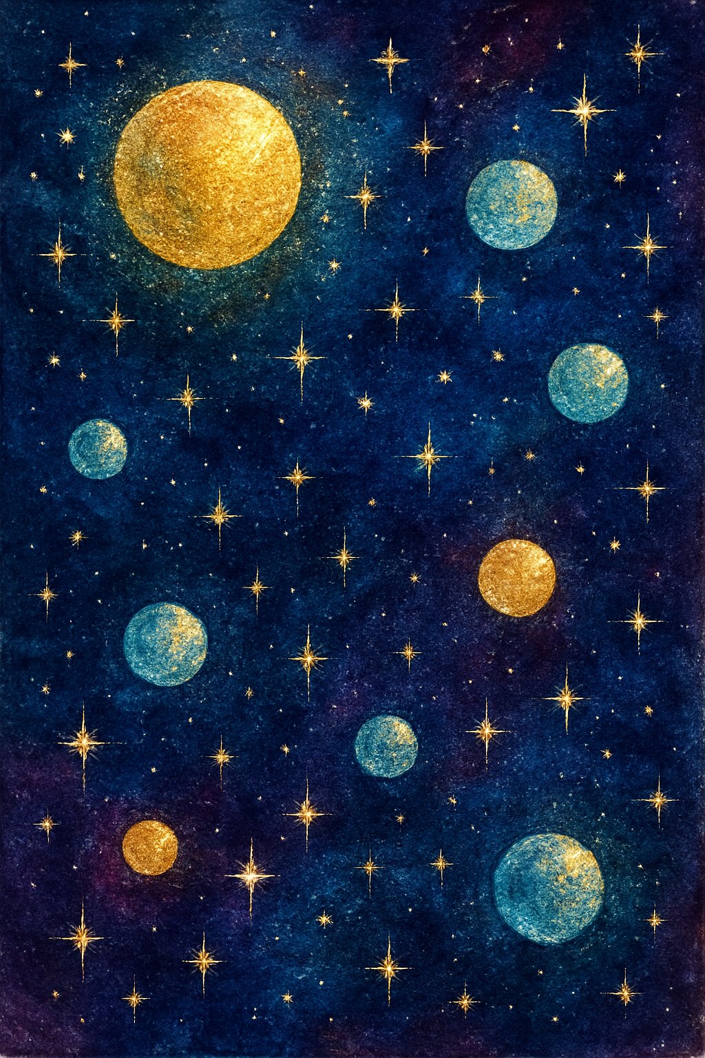 A night sky filled with bright moons and sparkling stars over a dark horizon.