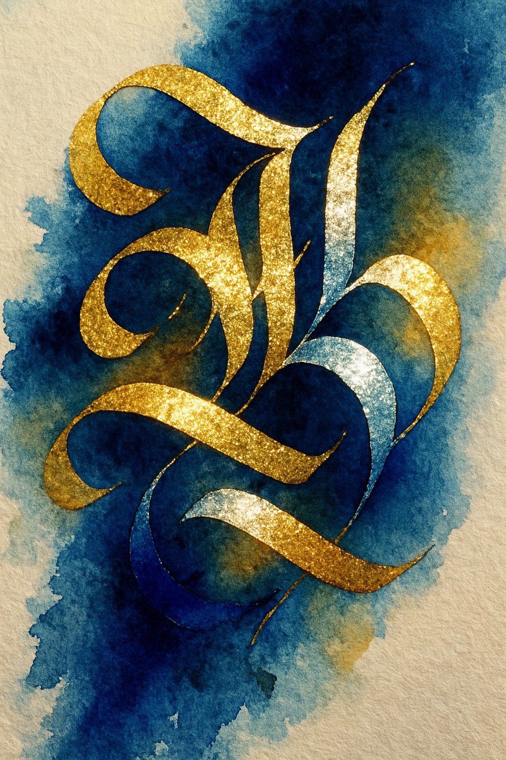 A colorful painting of elegant flowing calligraphy on textured paper with bright metallic highlights.