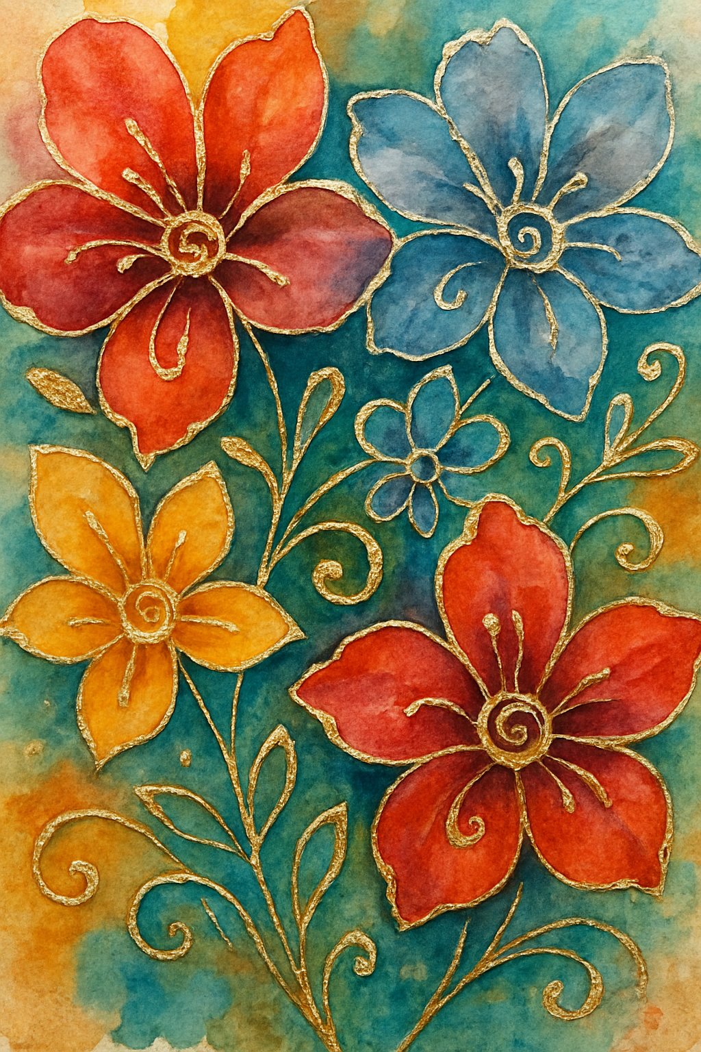A colorful painting of flowers with gold and silver highlights on a textured background.