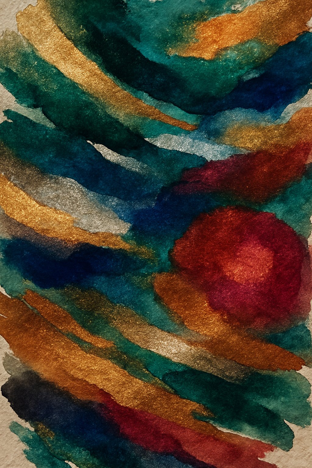 An abstract composition of shimmering metallic shapes layered over deep colorful backgrounds with soft edges and natural texture.