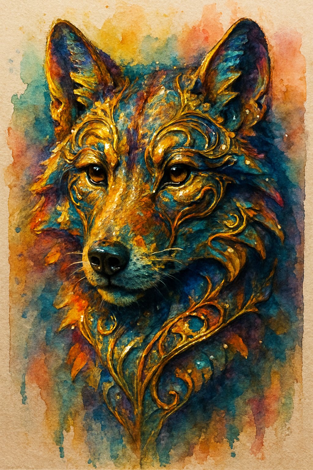 A colorful portrait of an animal with shiny metallic accents and detailed facial features.