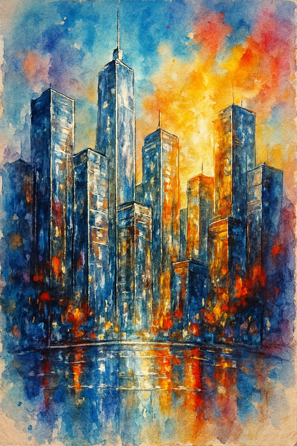 A city skyline with tall reflective buildings shining under bright light.