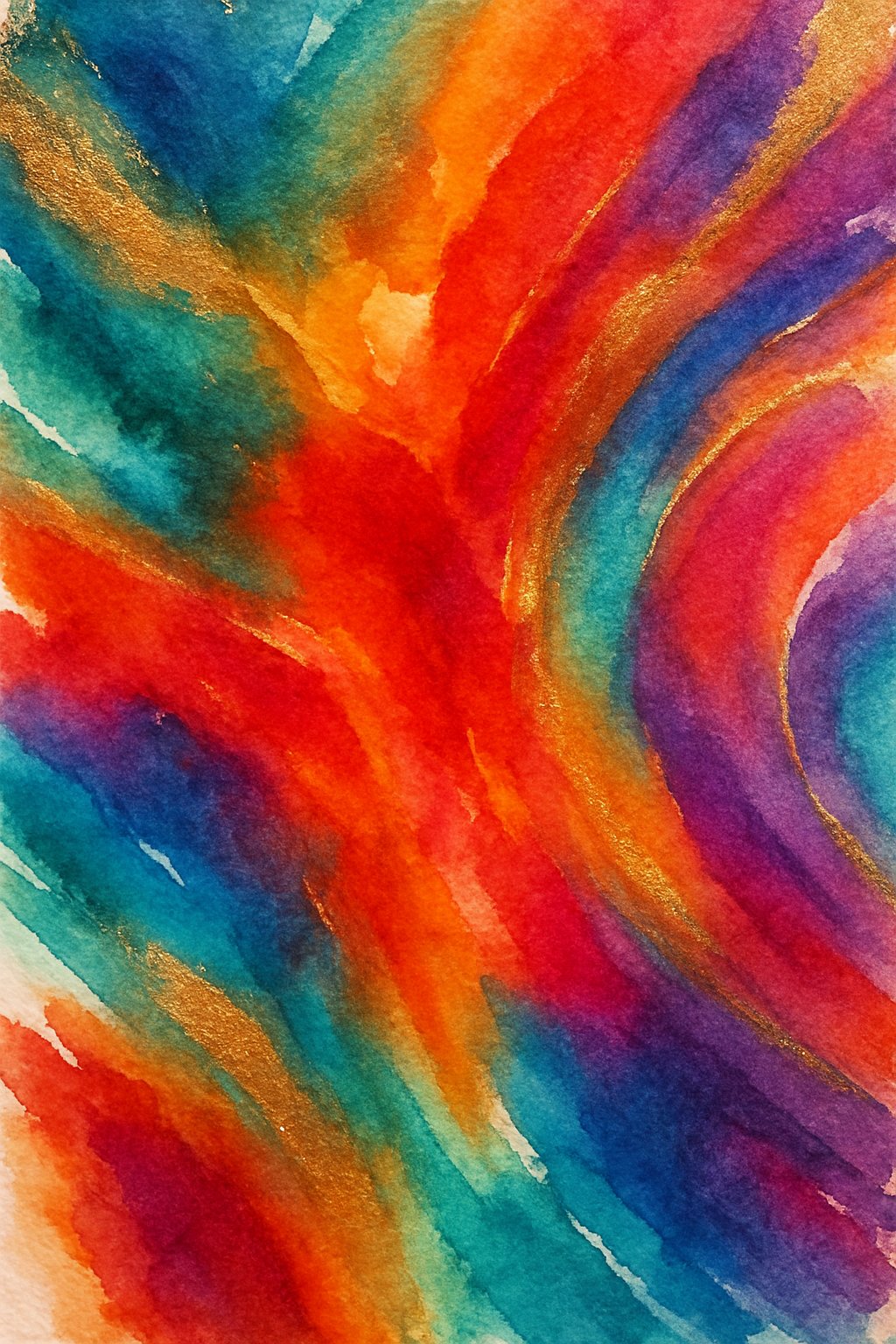 A colorful abstract watercolor painting with shimmering metallic colors and textured brushstrokes on handmade paper.