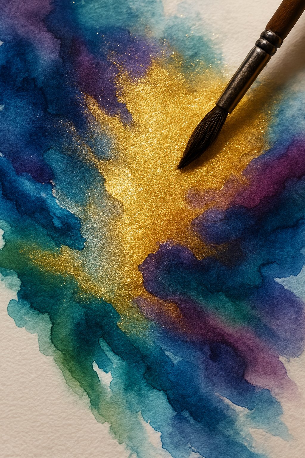 A colorful watercolor painting with shimmering metallic colors and rich vibrant hues on textured paper.