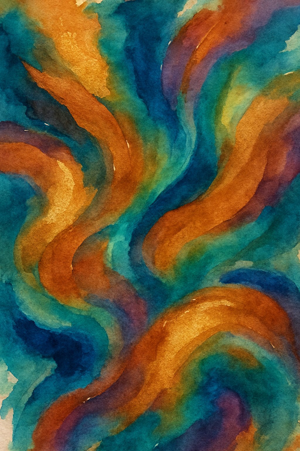 An abstract colorful painting with shimmering metallic tones blending with deep blues and greens on textured paper.