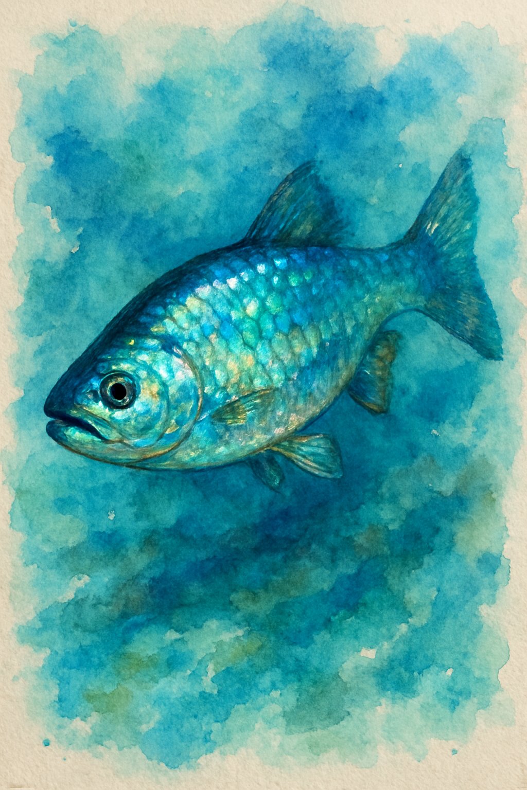 A colorful fish swimming underwater surrounded by soft blue water and natural textures.