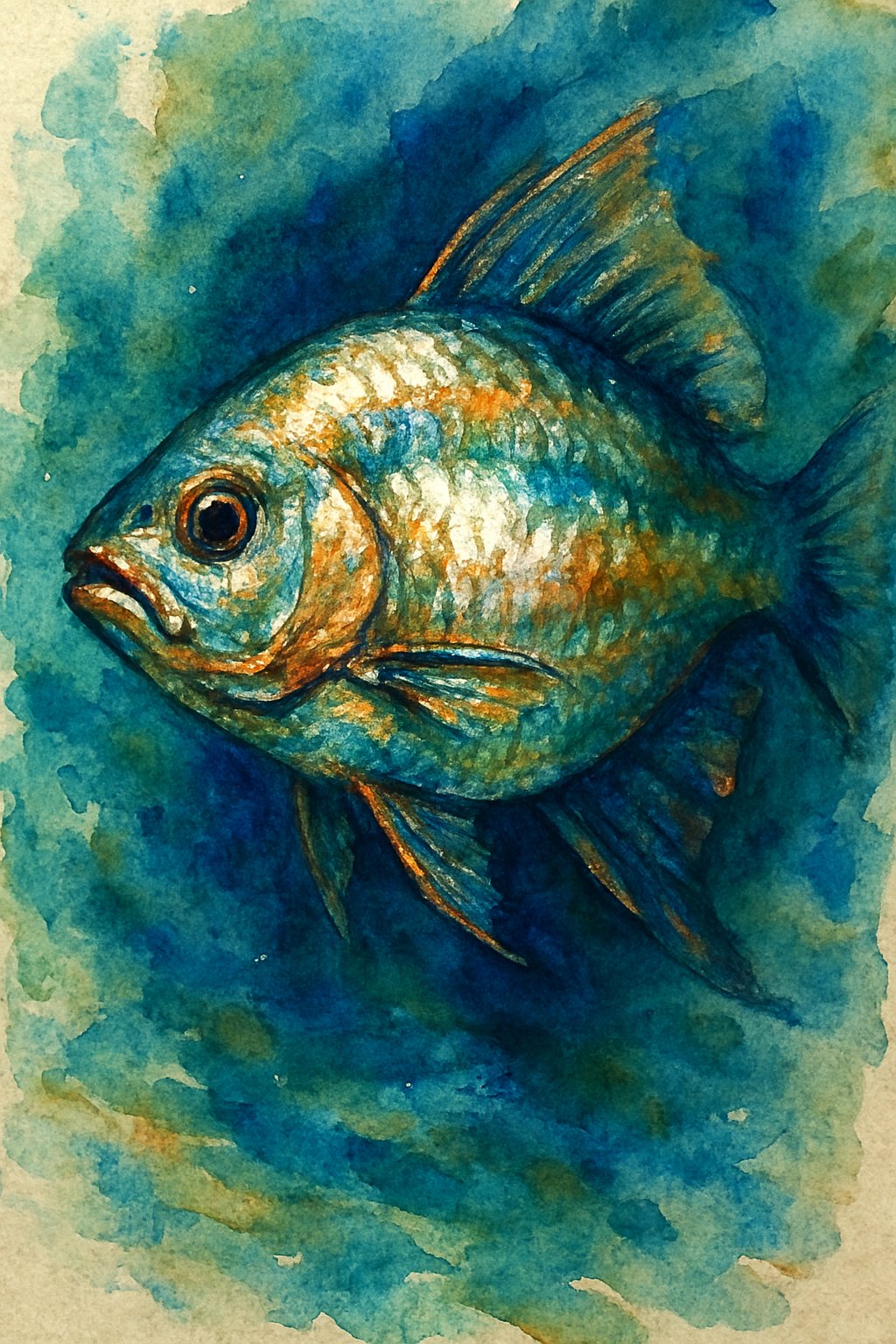 A colorful fish swimming underwater with shimmering scales and flowing fins.