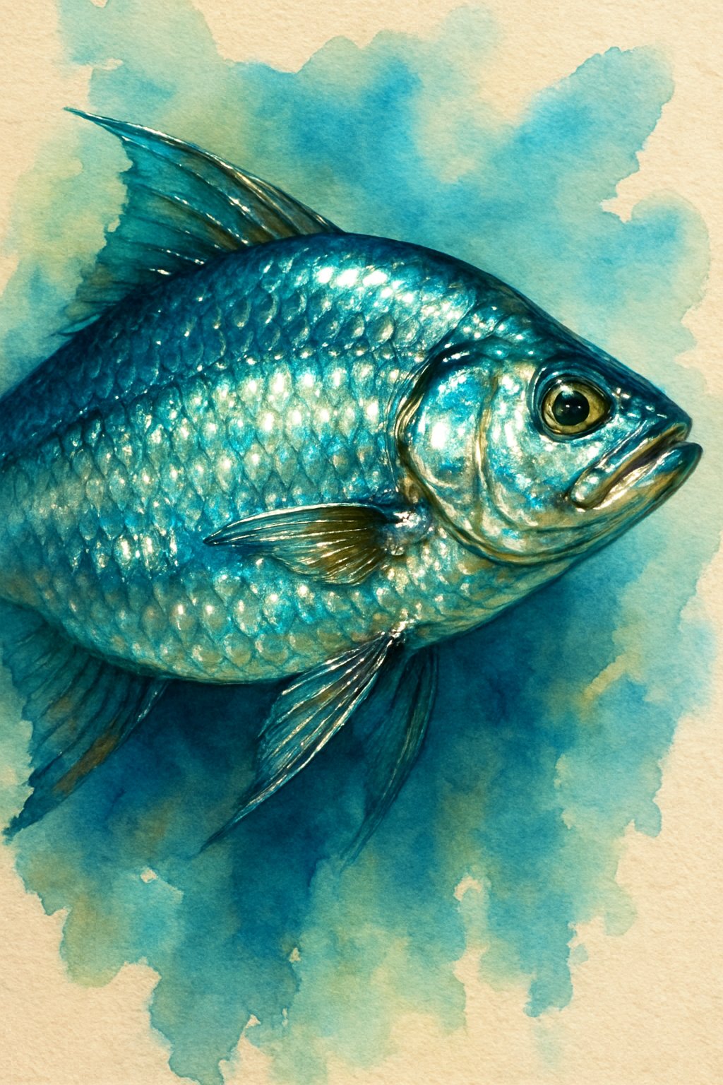 A detailed painting of a shimmering fish with vibrant colors and textured scales swimming against a soft, natural background.