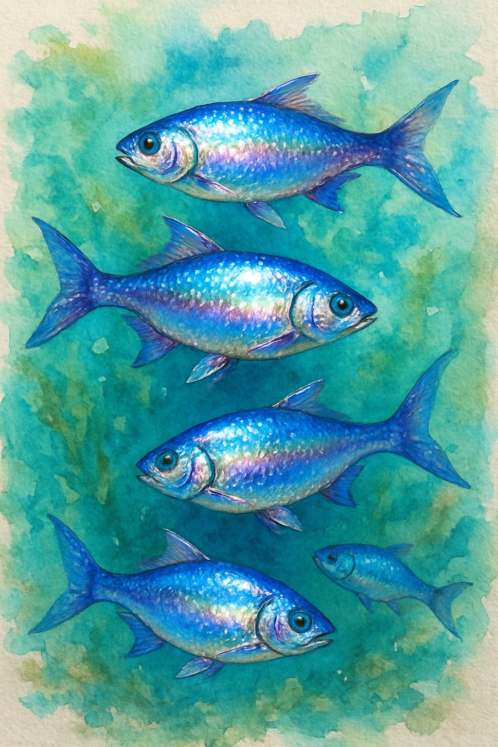 A group of colorful fish swimming underwater surrounded by flowing water and light reflections.