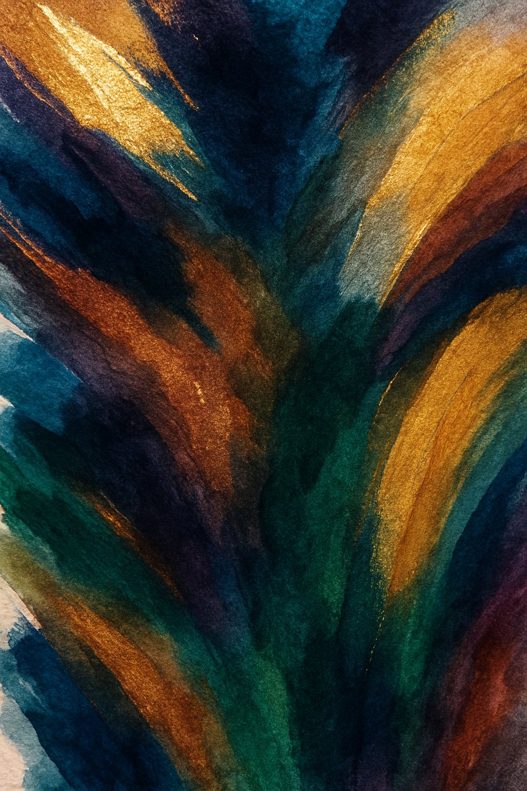 A colorful abstract watercolor painting with shimmering metallic accents and rich textures on handmade paper.