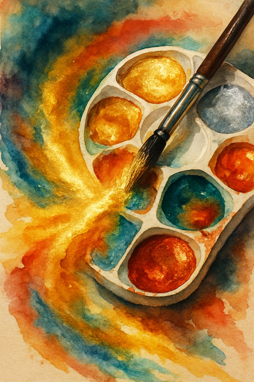 An artist's palette with shimmering metallic paints and vibrant colors on handmade paper, showing brushstrokes and light reflections.