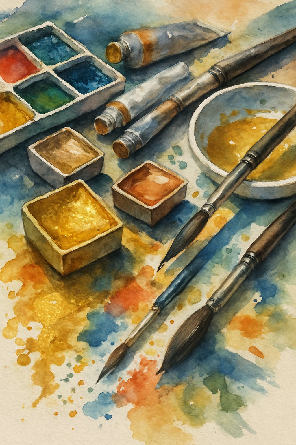 An artist's workspace with metallic watercolor paints, brushes, and palettes arranged on textured paper, showing vibrant colors and light reflections.