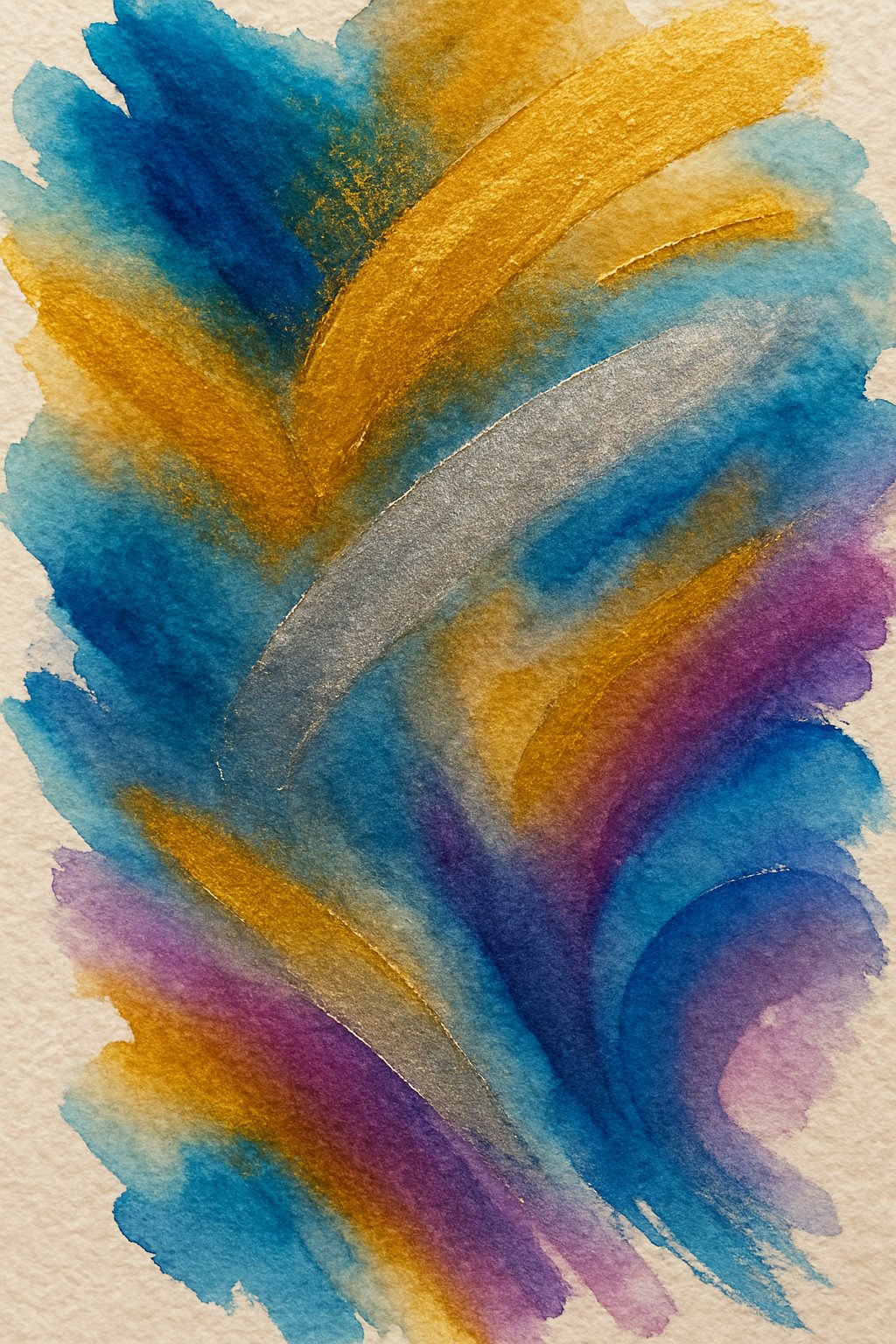An abstract watercolor painting with flowing shapes in vibrant blues, golds, silvers, and purples, showing shimmering metallic highlights and soft blended edges on textured paper.