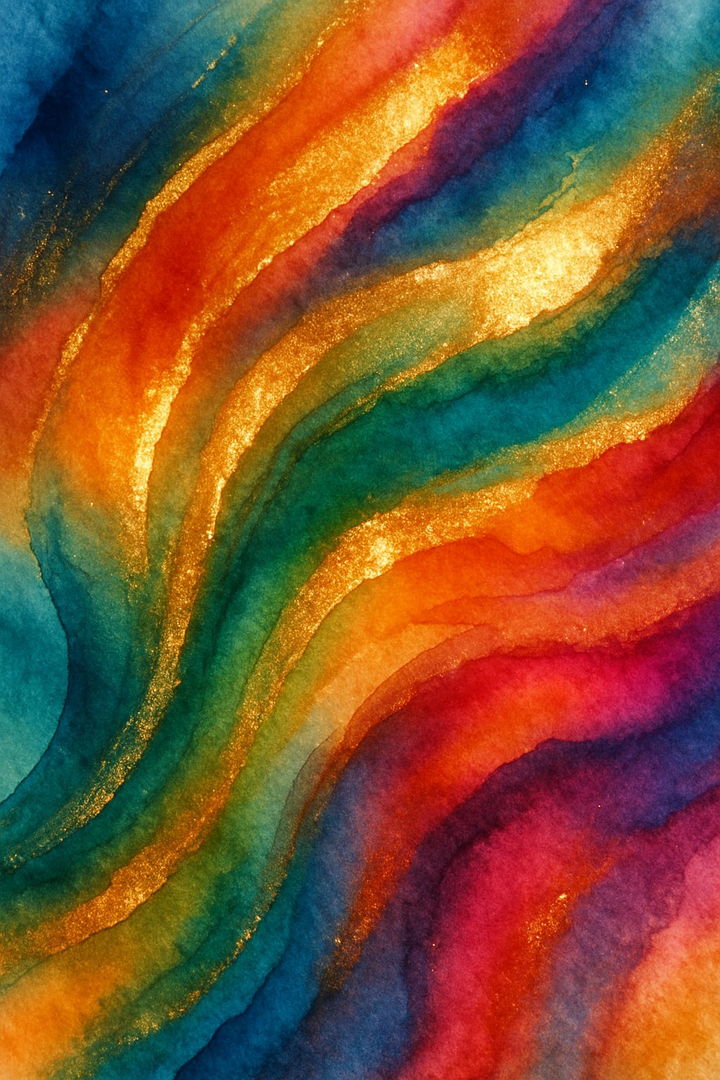 An abstract colorful painting with shimmering metallic highlights and flowing shapes on textured paper.