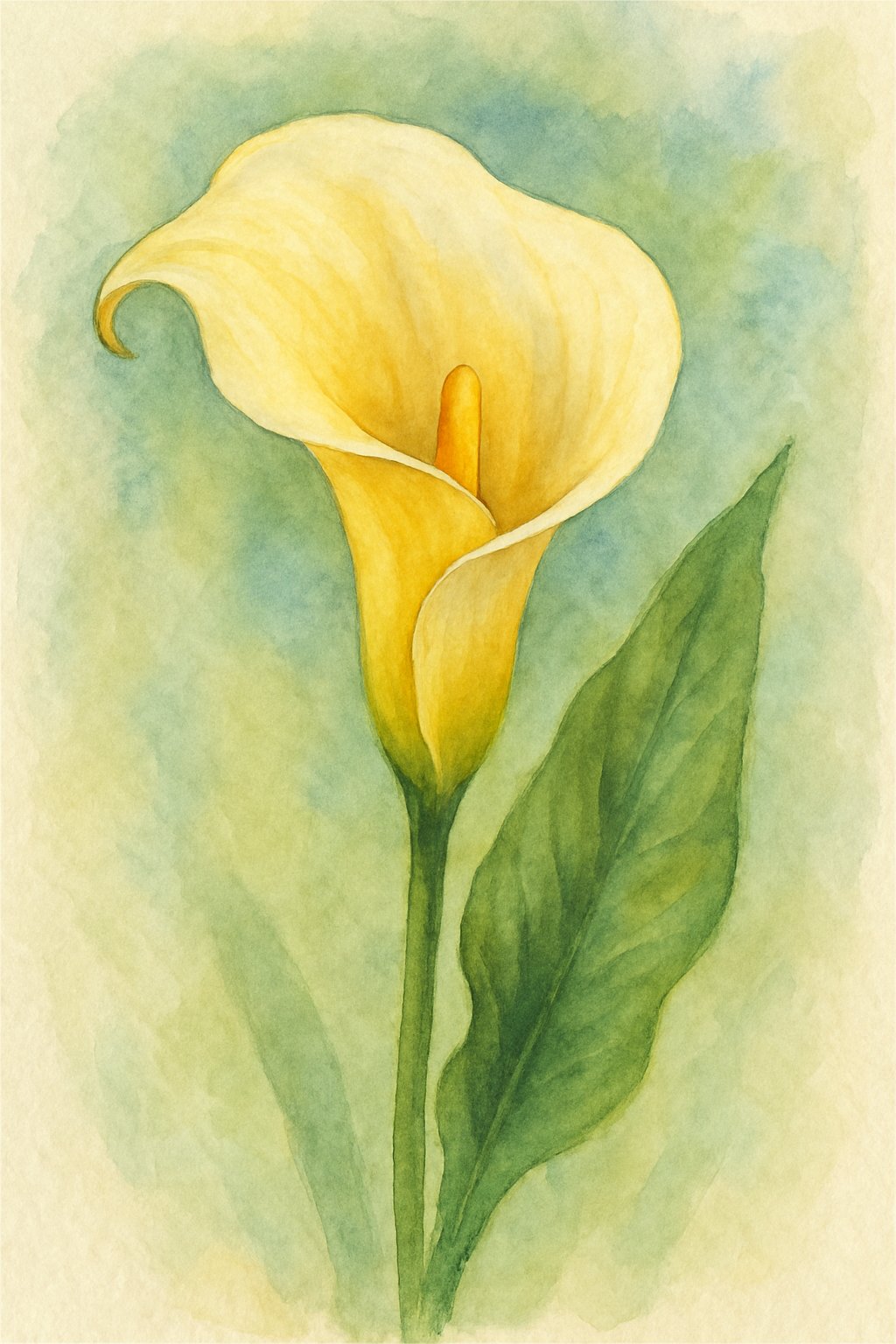 A single elegant calla lily flower with creamy white petals and green leaves against a soft background.