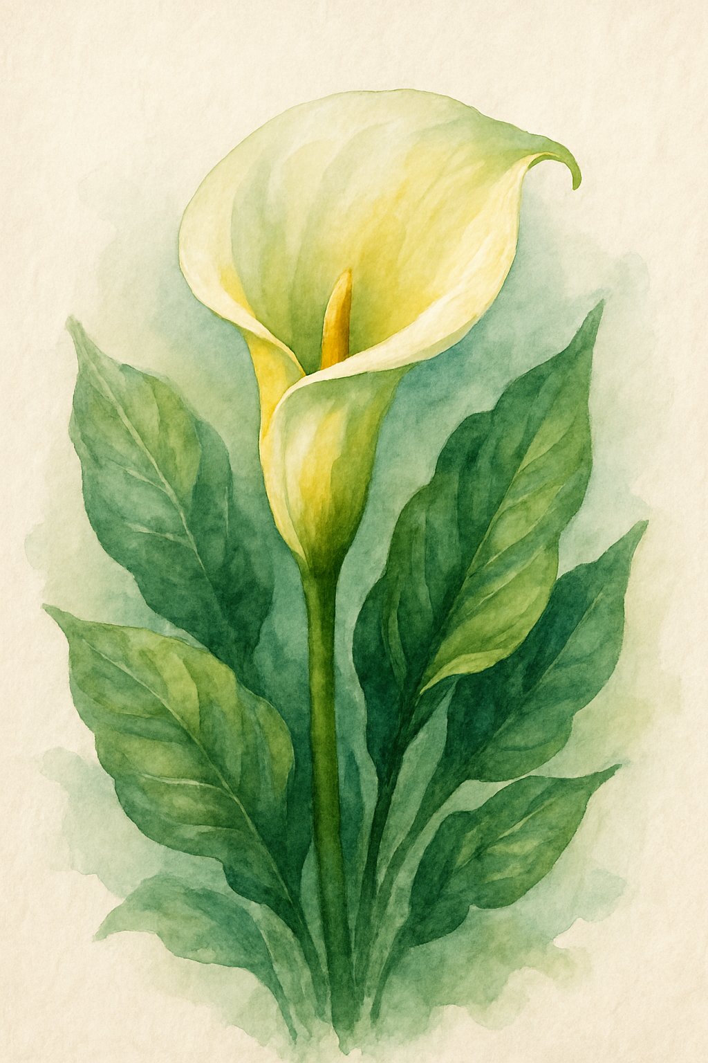 A single calla lily flower with green leaves on a plain background.