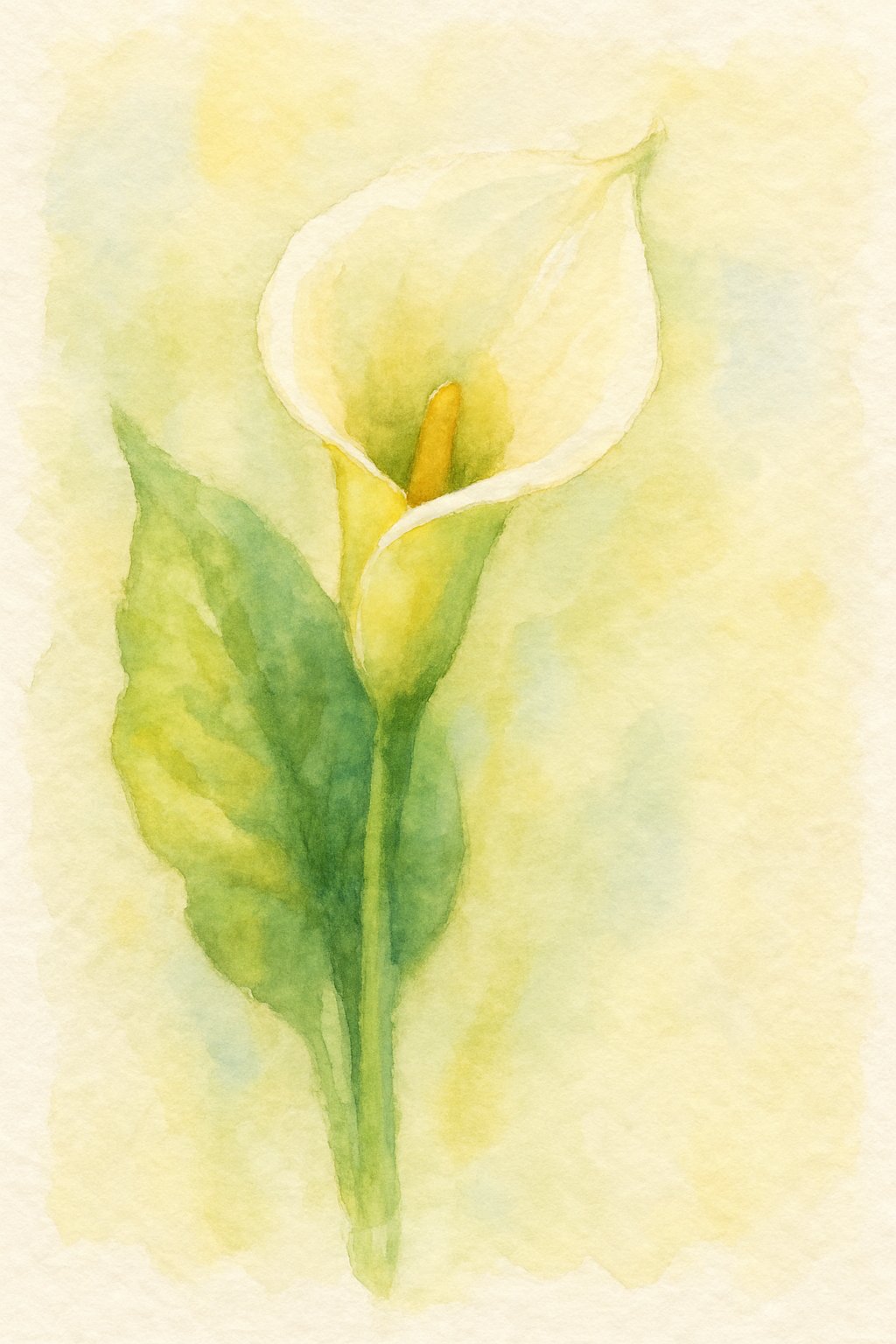 A single calla lily flower with green stem and white petals on a light background.