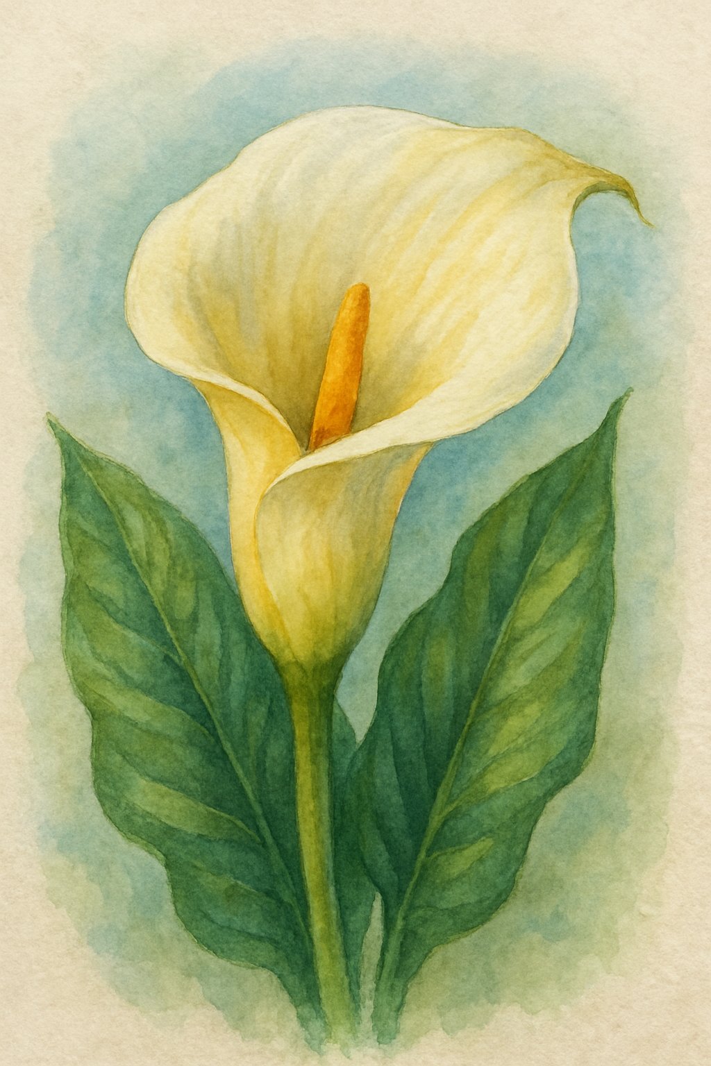 A single calla lily flower with green leaves against a soft, light background.