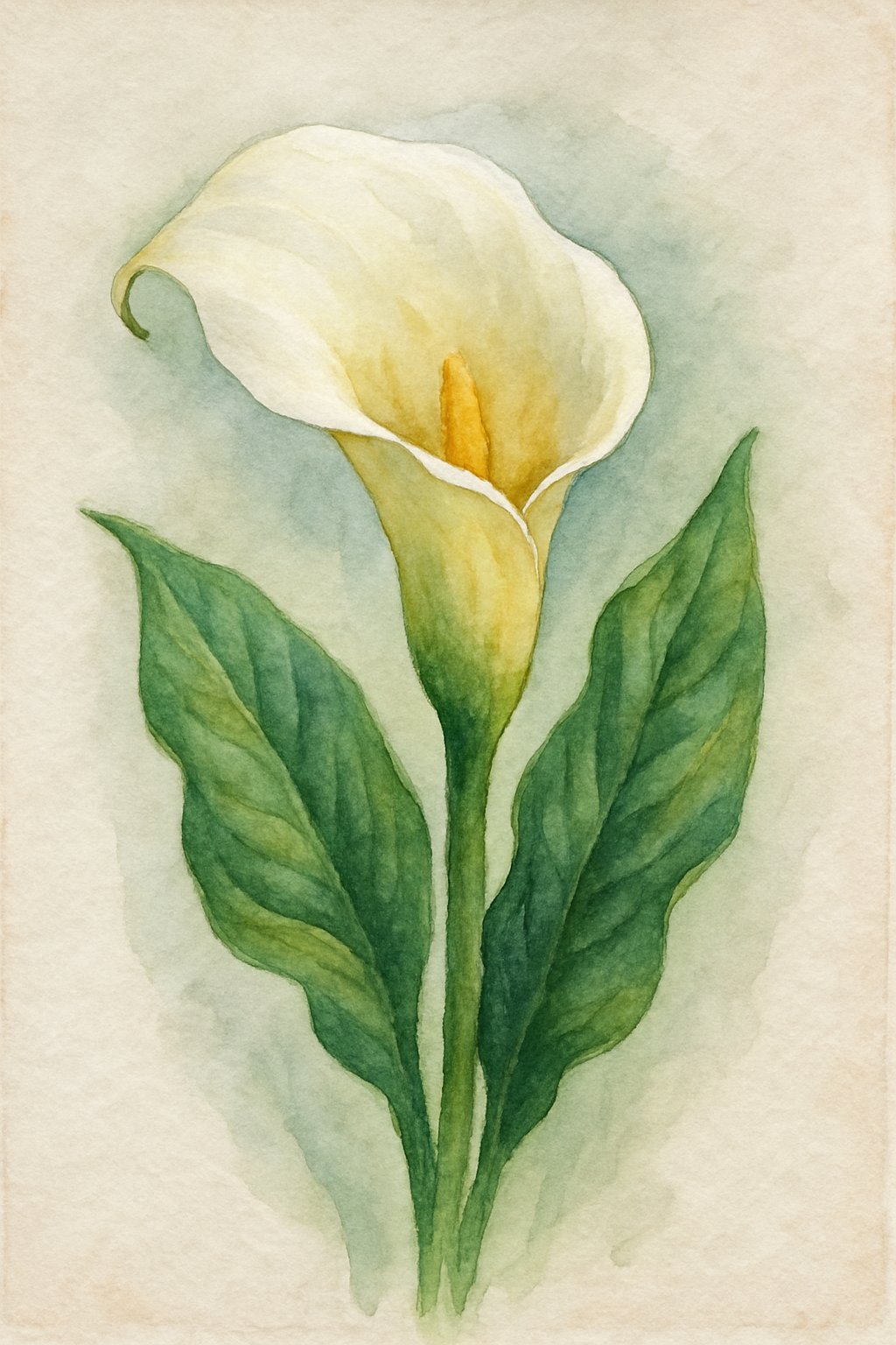 A single calla lily flower with green leaves on a light background.