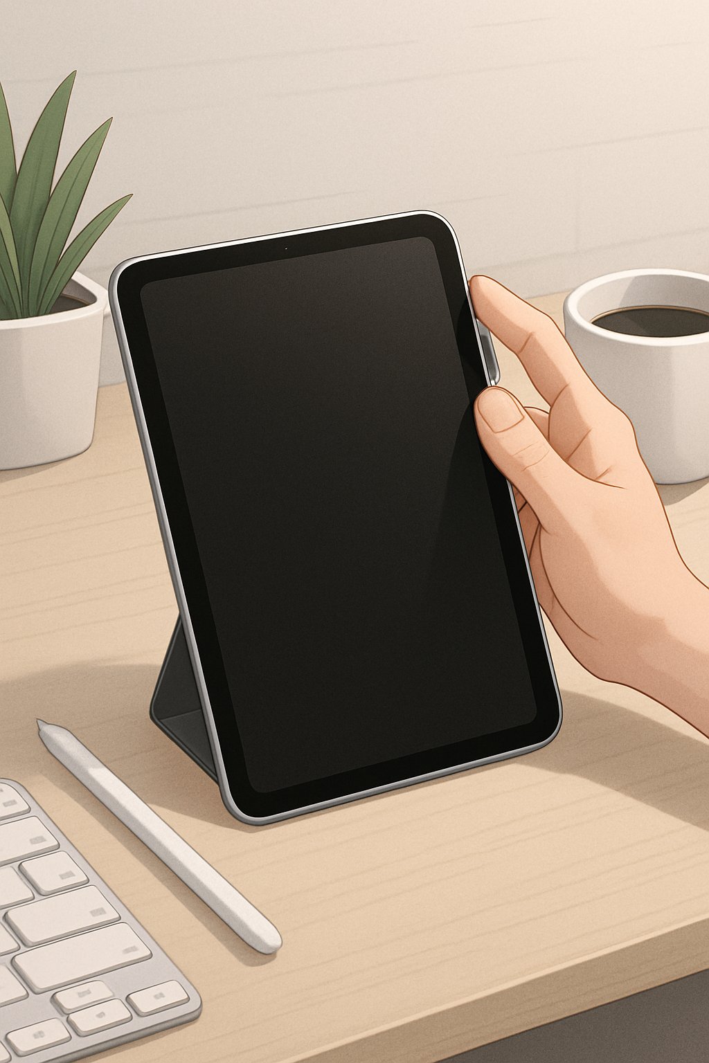 A hand pressing buttons on an iPad placed on a desk, demonstrating how to force restart the device.