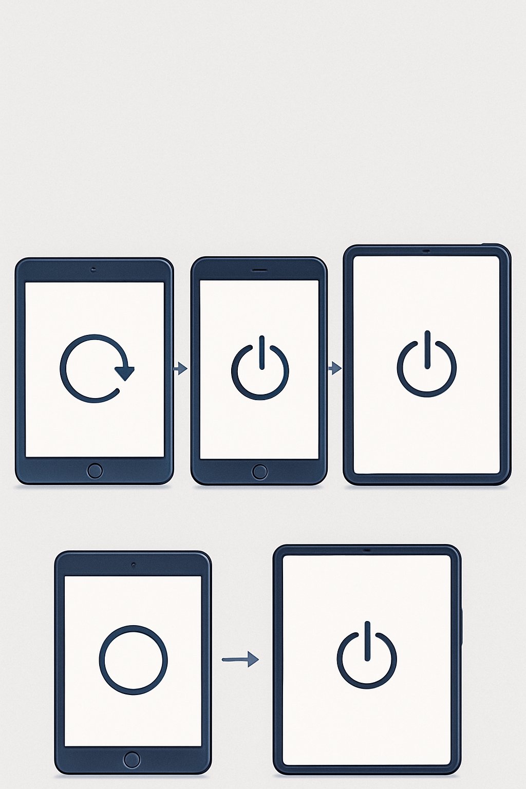 Illustration showing different iPad models with icons and arrows indicating the steps to force restart each device.