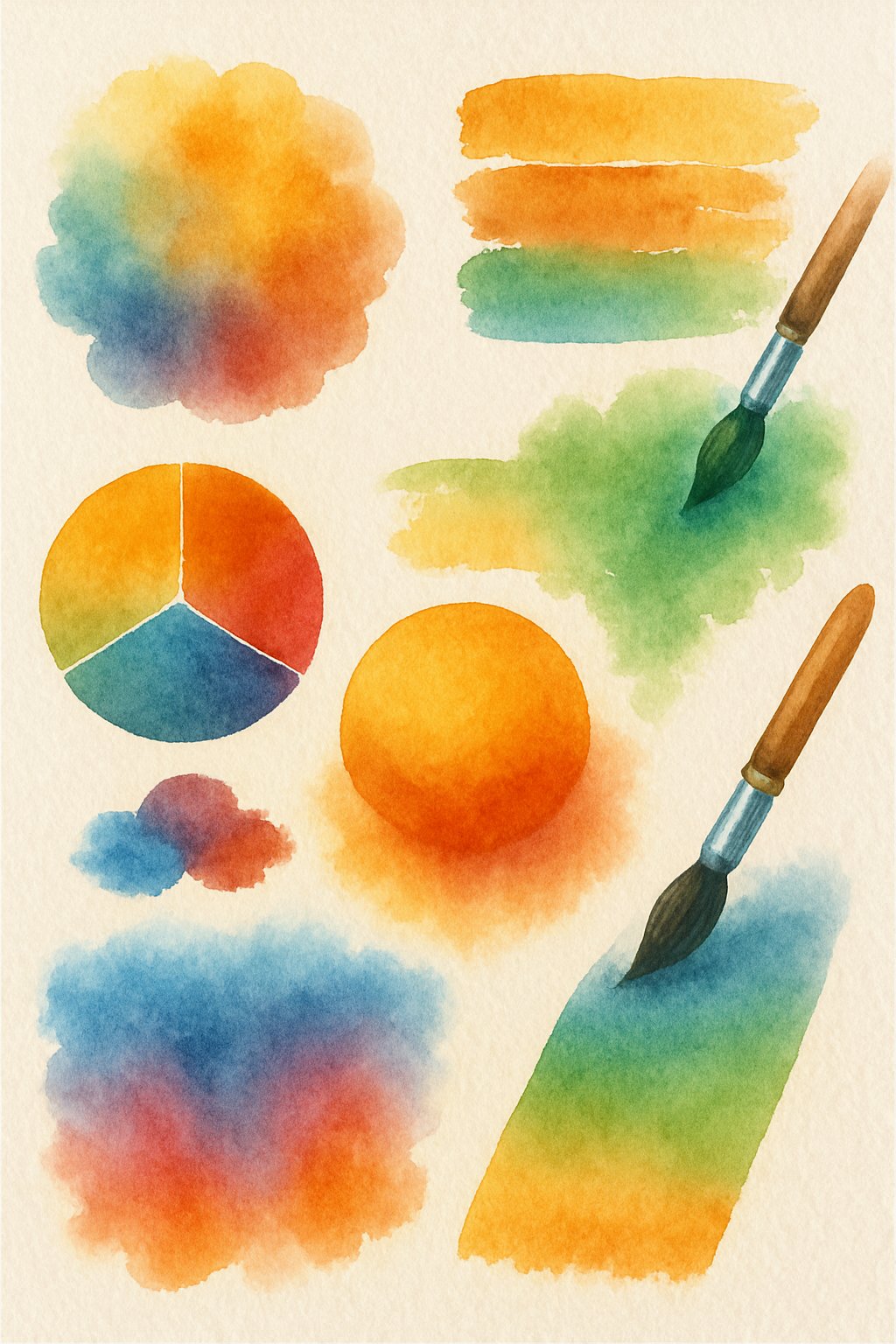 An illustration showing eight different watercolor painting techniques represented by colorful and flowing abstract shapes arranged evenly on paper.