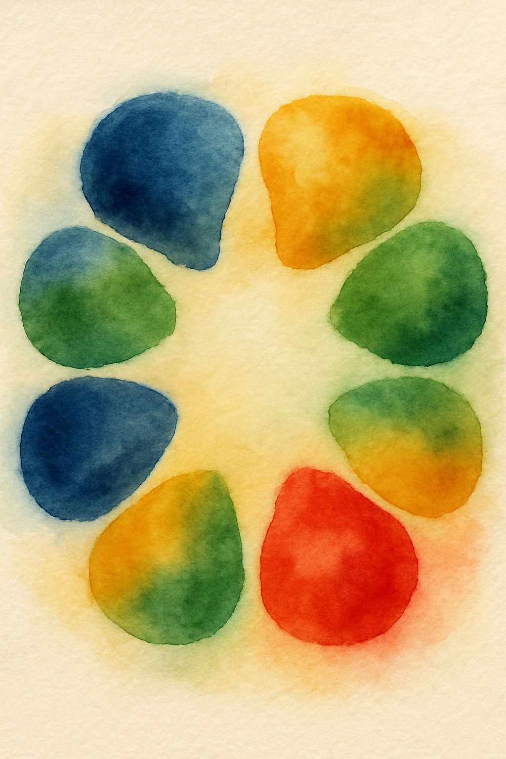 A colorful abstract arrangement of eight softly blended shapes in a circular pattern on a pale background.
