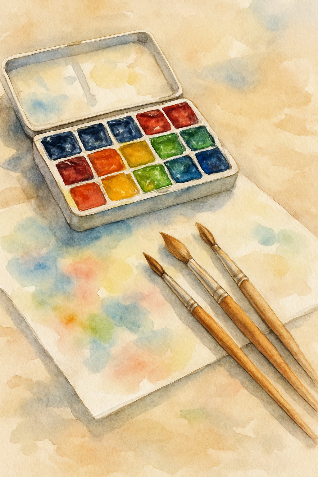 An artist's workspace featuring an open watercolor palette with vibrant colors and natural brushes resting on textured paper.