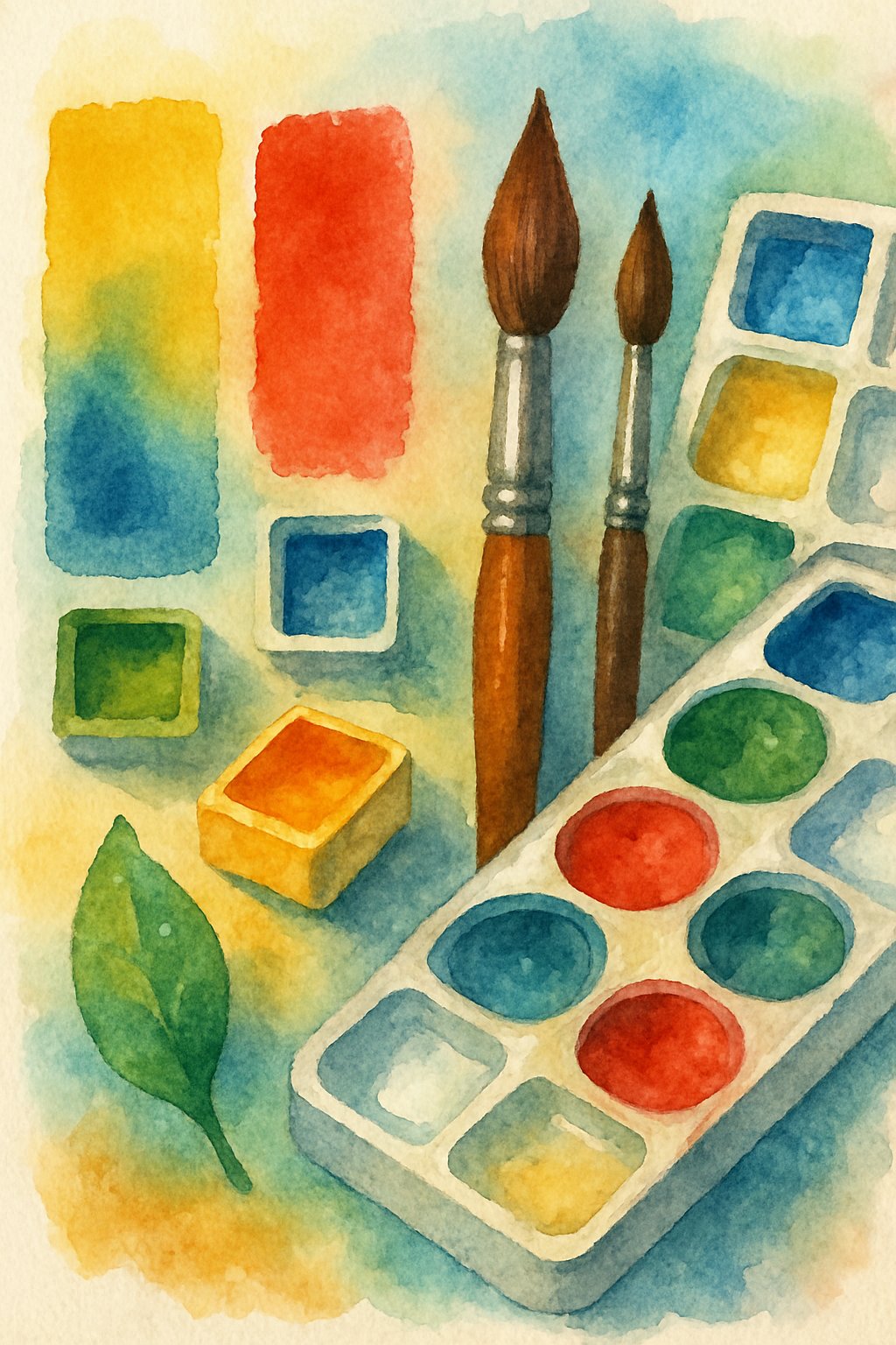 A colorful watercolor painting showing brushes, palettes, and paint wells arranged on paper with flowing washes of blue, gold, green, and red.