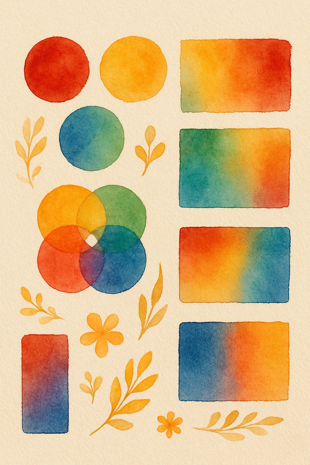 An arrangement of colorful watercolor swatches and abstract shapes illustrating color harmony and contrast, accented with soft floral motifs.