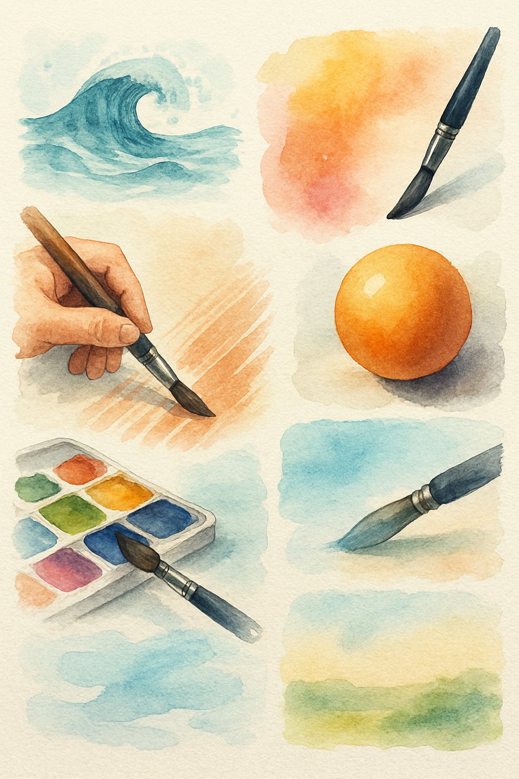 An artistic watercolor scene illustrating eight key concepts of watercolor painting with flowing water, colorful brush strokes, and blending colors on paper.